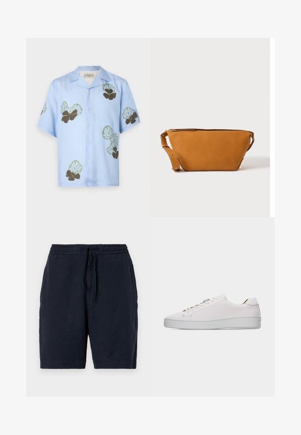 Camisa de manga corta en tela azul claro con patrones florales en verde y marrón oscuro. Cuello clásico con botones en la parte delantera.; Pantalones cortos de lino azul marino con cintura elástica y cordón, que presentan un ajuste relajado y una superficie ligeramente texturizada.; Zapatilla deportiva de piel blanca de corte bajo con cordones blancos, suela de goma plana texturizada y costuras mínimas, mostrada desde el lado exterior sobre un fondo blanco.; Bolso bandolera de cuero marrón claro con correa ajustable y cierre de cremallera, mostrado sobre un fondo claro y liso.