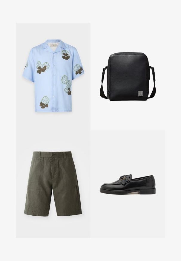 Korte mouwen shirt van lichtblauwe stof met groene en donkerbruine bloempatronen. Klassieke kraag met knopen aan de voorkant.; Donkergroene linnen shorts met een knoopsluiting en lussen voor een riem, met een recht model en een gladde textuur.; Zwarte leren instappers met een ronde neus en een decoratieve gesp. Platte, stevige hak en een gladde textuur overal.; Zwarte textuurlederen crossbody tas met verstelbare riem en metalen Calvin Klein-logo op de voorkant.