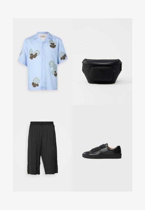 Camisa de manga corta en tela azul claro con patrones florales en verde y marrón oscuro. Cuello clásico con botones en la parte delantera.; Pantalones cortos negros con una cinturilla elástica y cordón. Fabricados con una tela suave y ligera, con costuras laterales para un ajuste relajado.; Zapatilla negra de cuero con una textura suave, puntera redonda y cierre de cordones. Presenta una suela de goma gruesa y un detalle de marca mínimo.; Bolsa negra de nailon con un bolsillo delantero con cremallera, presenta una textura lisa y un acento de logo. Diseño estructurado con una tapa plegable.