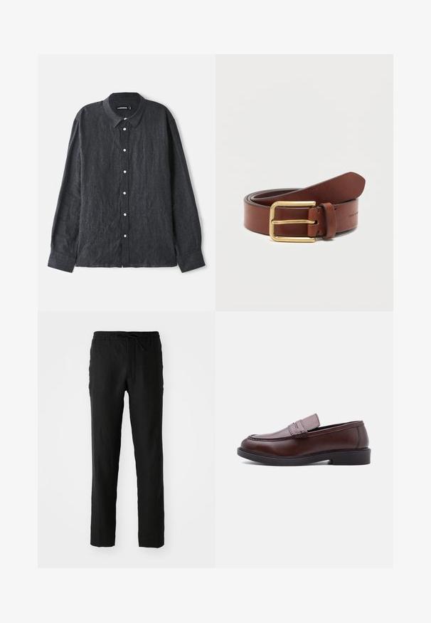 Chemise en lin gris foncé à manches longues avec col boutonné, dotée d'une patte de boutonnage sur le devant avec des boutons blancs et une coupe décontractée.; Pantalons en lin noirs avec taille élastique et cordon de serrage. Conception à jambe droite et texture lisse. Convient pour un usage décontracté.; Mocassin en cuir marron avec semelle noire et détails surpiqués, présenté en profil latéral sur fond blanc.; Ceinture en cuir marron avec boucle rectangulaire dorée, roulée sur un fond blanc uni.