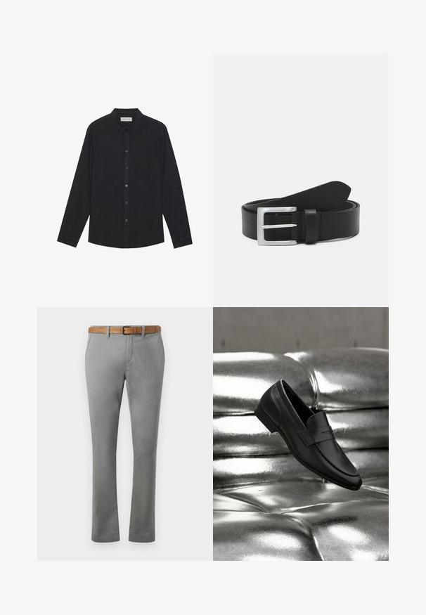 Chemise noire à manches longues en tissu doux, avec un devant à boutons, un col et un ourlet droit avec une texture subtile.; Chino en coton gris à coupe droite, avec des poches avant inclinées et une ceinture en cuir marron. Texture lisse avec un minimum de détails.; Chaussure mocassin en cuir noir positionnée au-dessus d'un coussin capitonné argenté métallique brillant.; Ceinture en cuir noir avec une texture lisse, boucle rectangulaire en argent et une boucle pour l'extrémité. Présente des coutures soignées le long des bords.