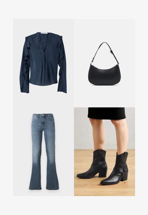 Chemisier bleu marine en tissu léger avec un décolleté en V profond, des manches longues avec des accents volantés et une coupe ample au niveau de l'ourlet.; Jean en denim bleu clair avec une taille haute, fermeture par bouton et fermeture éclair, poches avant et arrière, et jambes évasées.; Bottines en cuir noir avec un bout pointu, fermeture éclair, talon courbé et une sangle décorative avec des accents en métal.; Pieces PCALUANA SHOULDER BAG - Sac à main - black