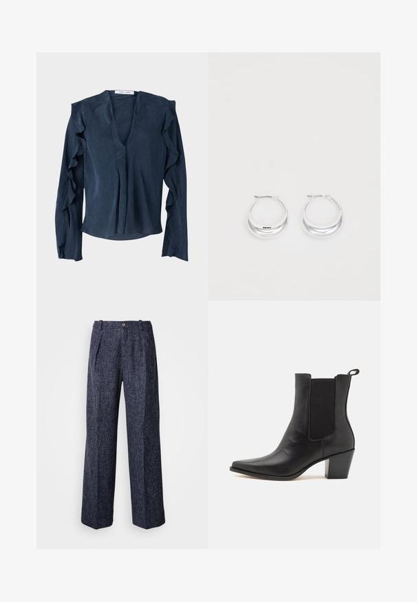 Chemisier bleu marine en tissu léger avec un décolleté en V profond, des manches longues avec des accents volantés et une coupe ample au niveau de l'ourlet.; Pantalons bleu marine avec un tissage texturé, taille haute, coupe large et plis avant. Dotés d'une fermeture à bouton unique et d'une fermeture éclair.; Dolce Vita SHADIE - Bottines - black; Boucles d'oreilles en argent avec une finition polie et un branding DKNY, présentées sur un fond blanc uni.