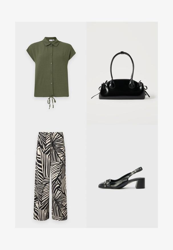 Olijfgroene blouse met korte mouwen, kraag, knopen aan de voorkant en een strikdetail aan de onderkant, gemaakt van een lichtgewicht, gestructureerde stof.; Wijde broek met een zwart-wit abstract zebraprint en een strikkoord aan de voorkant in de tailleband.; Zwart leren slingback hak met een spitse neus, eenTextuur strap met cirkelvormige metalen accenten en een gestapelde blokhak.; Kleine zwarte glanzende handtas met twee lange hengsels en zijkant trekkoord details op een effen lichte achtergrond.