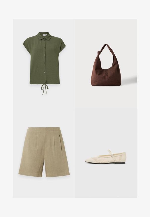Kortærmet, olivengrøn bluse med krave, frontknapper og en bindedetail ved kanten, lavet af et letvægts, tekstureret stof.; Beige højtaljede skræddersyede shorts med forplisseringer foran og en glat taljebånd, lavet af let tekstureret stof.; Beige balletflader med spids tå, mesh design overlay og en side spænde. Flad sål med en glat tekstur.; Brun tekstureret stofhåndtaske med et enkelt håndtag bundet i en knude, vist mod en ensfarvet lys baggrund.