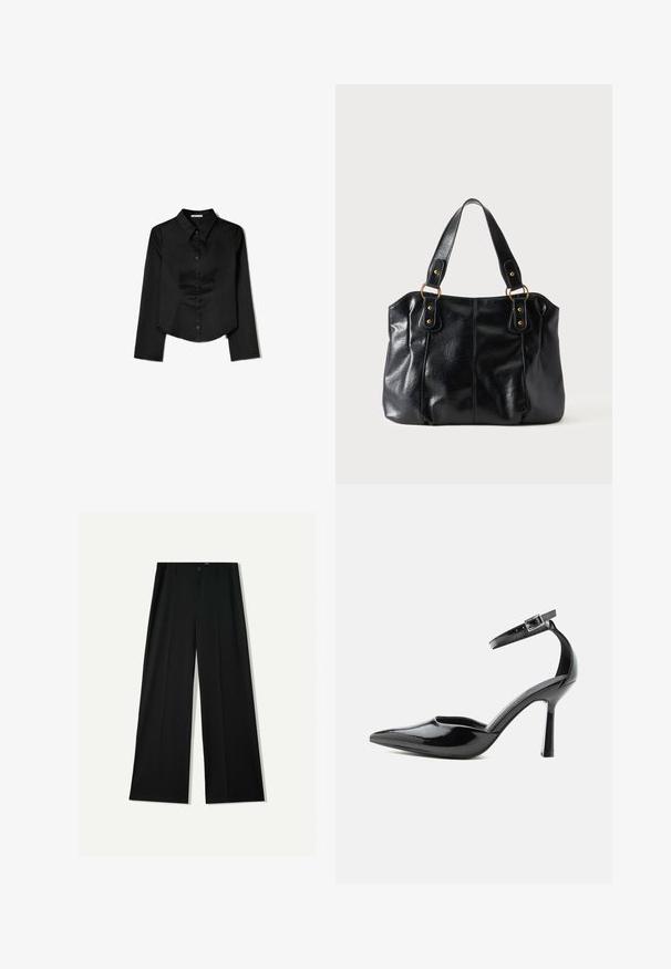 Chemise noire à manches longues en tissu lisse, avec un col pointu, une fermeture à boutons à l'avant et un ourlet court avec des fentes latérales.; Bershka WIDE - Pantalon classique - black; Escarpin à talon haut en cuir verni noir à bout pointu avec bride à la cheville et boucle argentée, talon stiletto, vue de côté sur fond uni.; Sac à épaule en cuir noir avec double anses attachées par des anneaux et rivets dorés, surface lisse et légèrement brillante, design simple.