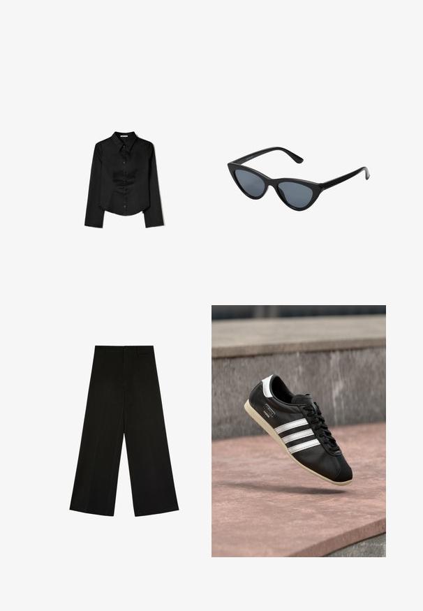 Chemise noire à manches longues en tissu lisse, avec un col pointu, une fermeture à boutons à l'avant et un ourlet court avec des fentes latérales.; Pantalon noir à jambes larges avec fermeture par bouton et zip, passants de ceinture et plis d’avant, posé à plat sur fond blanc.; Baskets en cuir noir avec des rayures blanches et une semelle blanche, lacées, flottant au-dessus d'une surface en béton rosée avec un mur en pierre grise en arrière-plan.; Lunettes de soleil noires en forme d'œil de chat avec des verres gris foncé, monture en plastique élégante, coins pointus et branches droites. Pas de métal visible ni d'accents.
