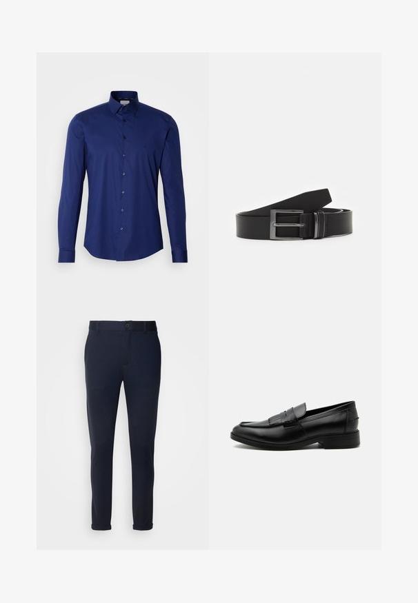 Navyblauwe lange mouwen shirt van soepel katoen, met een knoopsluiting en een gestructureerde kraag, en een subtiele logo nabij de borst.; Marineblauwe broek van zachte stof, voorzien van een knoopsluiting, riemlussen en opgerolde mouwen. Glad textuur met een verfijnd ontwerp.; Zwarte leren herensloffen met kwastdetail, afgeronde neus, lage hak en glad gepolijst oppervlak, zij-aanzicht op een witte achtergrond.; Zwarte leren riem met een rechthoekige zilveren metalen gesp, vlak ontwerp en een gladde textuur. De uiteinden zijn taps toelopend voor gemakkelijke threading.
