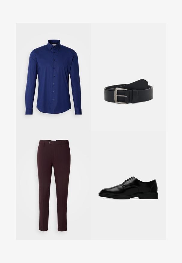Camisa de manga larga azul marino hecha de algodón suave, con una botonera y un collar estructurado, con un sutil logo cerca del pecho.; Pantalones burdeos oscuros de corte slim, con cierre de botón, trabillas para cinturón y pliegues frontales. Tela suave con un diseño elegante.; Zapato de vestir de cuero negro con un acabado liso, puntera redondeada, diseño de cordones y suela de goma discreta para mayor tracción.; Cinturón de cuero negro con hebilla de metal plateado, que presenta un acabado liso y un diseño clásico. El cinturón está enrollado con el extremo apuntando.