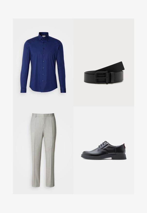 Navyblauwe lange mouwen shirt van soepel katoen, met een knoopsluiting en een gestructureerde kraag, en een subtiele logo nabij de borst.; Lichtgrijze, op maat gemaakte broek van gladde stof, met een rechte snit, voorplooien en een klassieke tailleband met riemlussen.; Zwarte leren veter schoenen met een gladde textuur, ronde neus en subtiel stiksel detail. Voorzien van een rode trekband op de hiel.; Zwarte leren riem opgerold met matte zwarte metalen gesp op een witte achtergrond.
