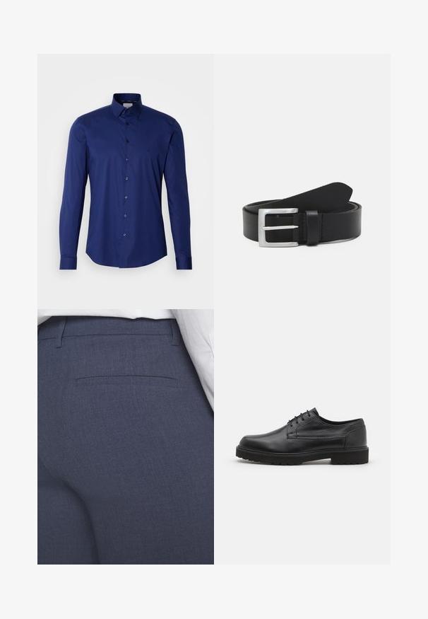 Camisa de manga larga azul marino hecha de algodón suave, con una botonera y un collar estructurado, con un sutil logo cerca del pecho.; Pantalones ajustados azul marino hechos de una tela texturizada con frente plano, bolsillo trasero sutil y líneas limpias. Sin herrajes visibles ni adornos.; Zapato de cuero negro con punta redondeada, acabado liso y costuras mínimas. Presenta un cierre con cordones y una suela de goma gruesa y texturizada.; Cinturón de cuero negro con una textura lisa, hebilla rectangular de plata y un lazo para el extremo. Presenta una costura ordenada a lo largo de los bordes.