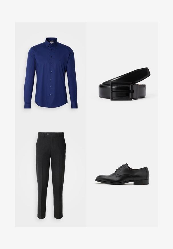 Camisa de manga larga azul marino hecha de algodón suave, con una botonera y un collar estructurado, con un sutil logo cerca del pecho.; Lindbergh Pantalones - black melange; Zapato de vestir de cuero negro con punta redonda, seis ojetes, acabado liso y un tacón bajo apilado. Presenta un sutil detalle de costura.; Cinturón de cuero negro con un acabado suave, que presenta una hebilla cuadrada de metal negro. El cinturón tiene costuras sutiles y un diseño clásico.