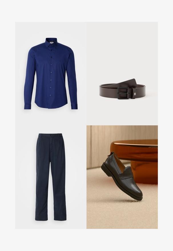 Camisa de manga larga azul marino hecha de algodón suave, con una botonera y un collar estructurado, con un sutil logo cerca del pecho.; Pantalones azul marino de mezcla de algodón. Cuentan con un diseño de pierna recta, cierre frontal con boton, y pliegues sutiles. Textura suave.; Mocasín de cuero negro con tacón bajo flotando sobre una alfombra beige, junto a una mesa brillante de color ámbar en una habitación minimalista.; Cinturón de cuero marrón oscuro con una hebilla metálica rectangular negra, enrollado sobre un fondo blanco.