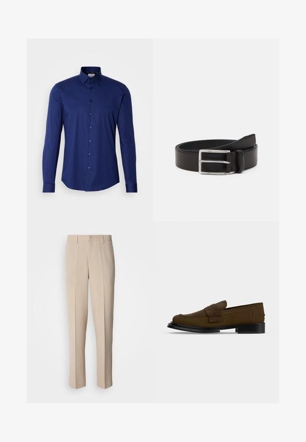 Camisa de manga larga azul marino hecha de algodón suave, con una botonera y un collar estructurado, con un sutil logo cerca del pecho.; Pantalones beige a medida con corte recto, confeccionados en una tela suave. Presentan un frontal liso y una pretina estándar con trabillas para cinturón.; Mocasín de piel marrón con suela negra y tacón bajo, con costuras estilo mocasín y una correa decorativa en la parte superior.; Cinturón de cuero en marrón oscuro con textura suave, que presenta una hebilla rectangular de plata y un diseño elegante.