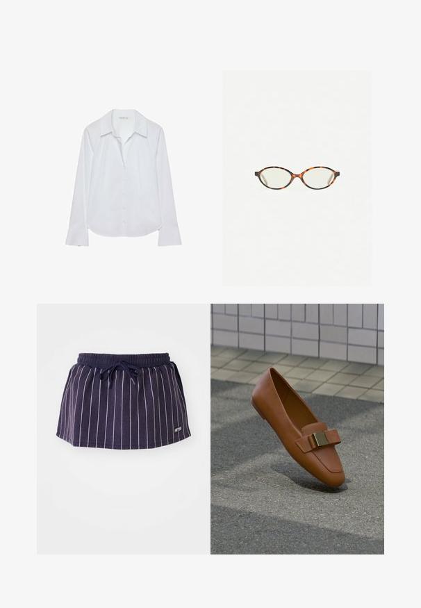 Chemise blanche à manches longues avec un col classique, une fermeture boutonnée sur le devant et des poignets légèrement évasés, confectionnée dans un tissu lisse avec un léger éclat.; Jupe bleu marine avec des rayures verticales blanches, taille élastique et cordon de serrage. Présente un petit logo en bas à droite de l'ourlet.; Chaussure plate en cuir marron avec détail de boucle dorée, présentée en suspension au-dessus d'un pavement texturé gris près d'un mur carrelé.; Lunettes en écaille de tortue avec des verres ovales et une finition lisse et élégante. Présente des branches fines avec une courbure subtile au niveau des tempes. Verres transparents.