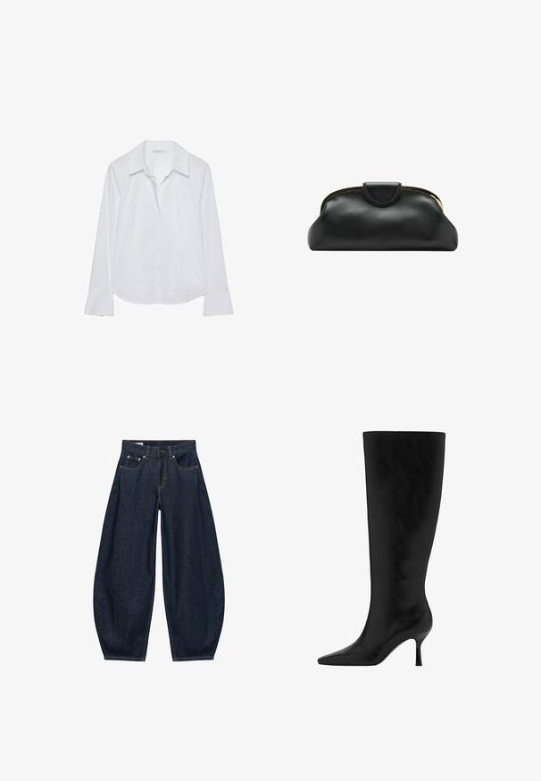 Chemise blanche à manches longues avec un col classique, une fermeture boutonnée sur le devant et des poignets légèrement évasés, confectionnée dans un tissu lisse avec un léger éclat.; Jean en denim bleu foncé à jambes larges avec poches avant, passants de ceinture et fermeture par bouton à la taille.; Botte en cuir noir, montante jusqu'au genou, avec un bout pointu et un talon aiguille. Texture lisse avec un design épuré, sans matériel ou embellissements visibles.; Pochette en cuir noire avec armature métallique dorée et fermeture pression sur fond blanc.