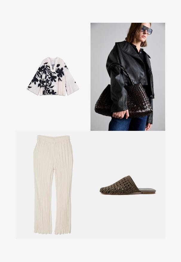 Haut à imprimé floral crème avec motifs noirs, doté d'un col en V profond et de larges manches évasées. Texture douce avec une coupe ample.; Pantalons légers plissés en blanc cassé, dotés d'une taille élastique et d'une coupe droite. Texture lisse avec des lignes verticales.; Mule tissée marron à enfiler avec une semelle plate et un bout fermé arrondi sur fond blanc.; DRAGON DIFFUSION SANTA CROCE BIG - Sac à main - dark brown