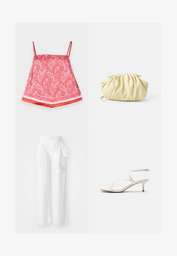 Camisole en satin rouge avec un motif paisley, dotée de fines bretelles et d'un ourlet rouge unifié, texture lisse et accents décoratifs.; Pantalons blancs à jambes larges en tissu doux et léger. Dotés d'une taille nouée et d'un design fluide et drapé pour faciliter les mouvements.; Sandale à brides pour femme blanche avec petit talon kitten et boucle à la cheville sur fond blanc uni.; Sac à main plissé jaune en simili cuir lisse, arborant une forme douce avec une bandoulière unique et un design froncé sur le dessus.