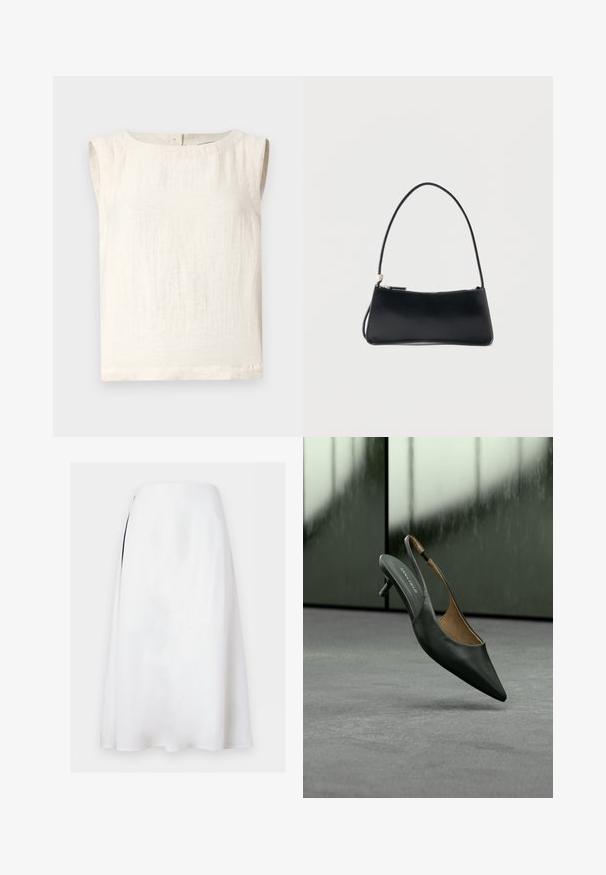 Haut ivoire sans manches en tissu léger, avec un col rond, une texture subtile et un ourlet droit. Aucune fermeture visible.; Jupe midi blanche en forme trapèze avec une taille haute et une discrète fente latérale sur fond uni.; Chaussure slingback à talon kitten noire à bout pointu, avec une fine bride et une étiquette « ANNA FIELD » sur la semelle intérieure, sur un fond gris flou.; Sac à main rectangulaire noir avec une fine bandoulière et fermeture éclair, présenté sur un fond blanc uni.