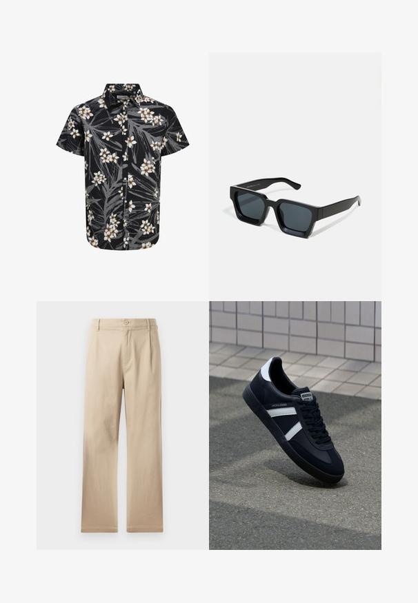 Camisa de manga corta en tela negra, con un estampado floral de flores blancas y hojas grises, diseño abotonado y un cuello clásico.; Pantalones rectos beige hechos de suave tela de algodón, con cierre de botón, pliegues en la parte delantera y bajos limpios y sencillos.; Zapatilla de cuero negra con rayas blancas, suela de goma texturizada y parte frontal con cordones. Cuenta con una etiqueta de marca en la lengüeta.; Gafas de sol negras rectangulares con lentes oscuros. Montura de plástico grueso y liso con un acabado ligeramente brillante y patillas rectas.