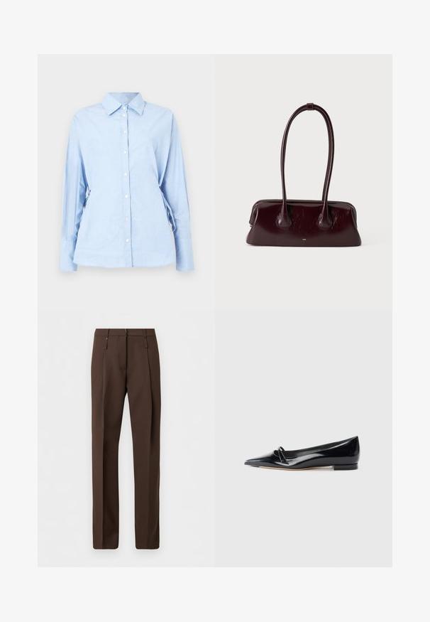 Chemise bleu clair à manches longues en tissu doux. Elle comporte une patte de boutonnage, un col, et des liens ajustables sur les côtés pour un meilleur ajustement.; Pantalon marron sur mesure à jambes droites, doté de passants pour ceinture et de plis sur le devant, présenté sur un fond blanc uni.; Chaussure plate en cuir verni noir avec un bout pointu, une petite lanière décorative et un petit talon carré. Texture lisse et design épuré.; Sac à main en cuir brun foncé brillant avec de longues anses fines et une base rectangulaire structurée sur un fond clair uni.
