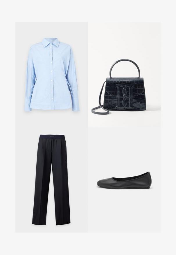 Chemise bleu clair à manches longues en tissu doux. Elle comporte une patte de boutonnage, un col, et des liens ajustables sur les côtés pour un meilleur ajustement.; Pantalon noir à jambes larges avec taille élastique et texture subtile à fines rayures, posé à plat sur un fond blanc.; Ballerines en cuir noir avec un bout rond, texture lisse, détails de couture minimalistes et design de semelle flexible.; Sac à main en cuir noir embossé en crocodile avec un design structuré, une poignée supérieure, une bandoulière ajustable et un détail de logo en avant bien visible.