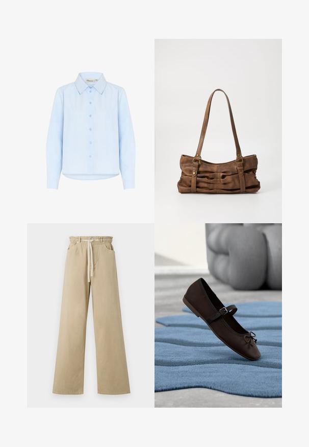Chemise col bleu clair en coton lisse. Elle se ferme par des boutons à l'avant et possède des manches longues avec un ourlet arrondi.; Pantalon large beige en coton avec une taille élastiquée et un cordon de serrage. Il possède deux poches latérales et une texture lisse.; Chaussure plate Mary Jane marron foncé avec boucle et détail nœud reposant sur un tapis texturé bleu ondulé, et un canapé gris rembourré en arrière-plan.; Even&Odd Sac à main - brown