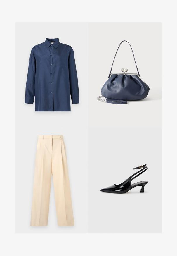 Chemise bleu marine à manches longues avec boutons, col et poche poitrine, présentée sur un fond clair uni.; Pantalon beige à larges jambes avec plis devant, passants de ceinture, poches latérales et fermeture avant dissimulée.; Escarpins à brides arrière en cuir verni noir, à bout pointu, avec un petit talon carré et une sangle de cheville ajustable dotée d'une boucle dorée.; Sac à main en cuir bleu marine doux avec fermeture à boucle argentée, une seule bandoulière, et une chaîne de poignet amovible sur fond blanc.