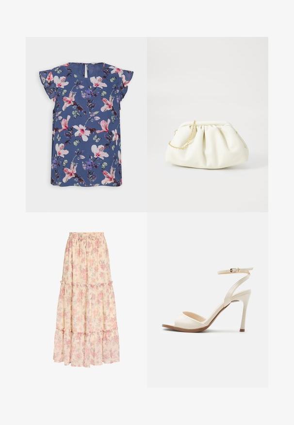Blå blomstret bluse med korte rynkede ærmer, der har pink og hvide blomster, grønne blade og små sommerfugle på lette stoffer.; Lang beige nederdel med pink blomsterprint, elastisk talje med snøre og lagdelt flæsedetalje.; Beige højhælede sandal med tynd ankelrem og guldlås, åben tå og tynd stiletthæl på hvid baggrund.; Hvid læderhåndtaske med en samlede design, forsynet med en guldkæde-strop og en rund form. Glat tekstur med bløde folder og ingen mønstre.