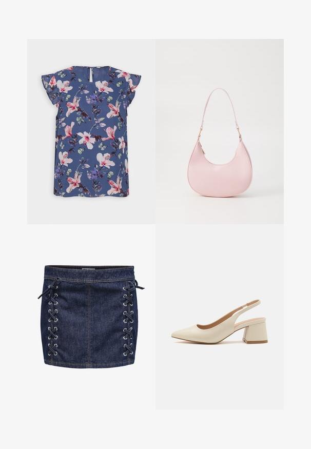 Blaue Bluse mit kurzen, rüschengestalteten Ärmeln, die mit rosa und weißen Blumen, grünen Blättern und kleinen Schmetterlingen auf leichtem Stoff verziert ist.; Dunkelblaue Denim-Minikleid mit seitlichen Schnürdetails und silbernen Ösen. Hat eine glatte Textur und kontrastierende Nähte.; Spitz zulaufender Slingback-Pump aus hellem, beigem Leder mit niedrigem Blockabsatz. Verfügt über ein Ausschnittdesign und eine glatte Textur.; Call it Spring CELESTY - Handtasche - other pink
