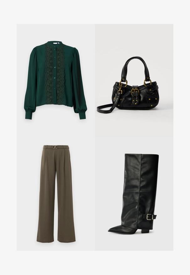 Donkergroene blouse met een hoge kraag en volle mouwen. Voorzien van een kantpaneel aan de voorkant, aangevuld met knopen en een zachte textuur.; Wijde broek in donker olijfgroene stof met een ceintuur en een gouden ronde gesp, en plooien aan de voorkant voor extra detail.; Zwarte leren enkellange laarzen met een spitse neus, een gladde textuur en een zilveren gesps Accent aan de zijkant. Stevige vierkante hak.; Zwarte leren handtas met gouden gesp en klinknagel details, korte handvatten en een verstelbare schouderriem op een effen witte achtergrond.