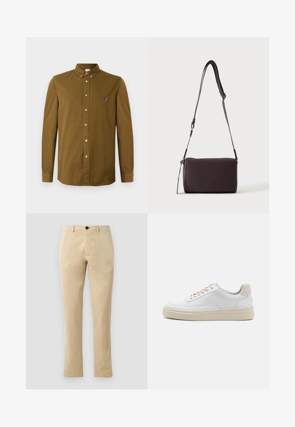 Camisa marrón de manga larga con cuello abotonado, que presenta un pequeño diseño bordado multicolor en el pecho y botones de color claro.; Chinos de algodón beige con un diseño de pierna recta, con cierre frontal de botón y sutiles detalles de costura. Textura suave y sin patrones.; Zapatilla blanca con parte superior de cuero suave, cordones beige y un tirador de talón de ante beige texturizado. Suela elevada para mayor altura.; Bolso bandolera de cuero marrón oscuro con textura, correa ajustable y pequeño adorno decorativo azul en el lateral.