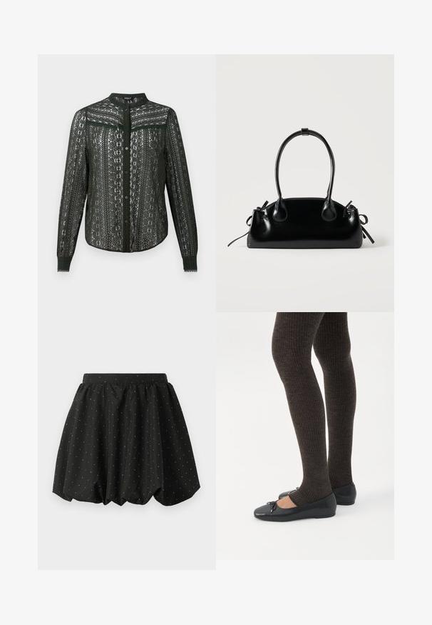 Blouse en dentelle vert foncé avec un col mandarin, une fermeture à boutons à l'avant et un motif complexe sur les manches et le corps.; Jupe bulle noire avec une taille élastique et un motif de pois blancs. Fabriquée en tissu léger, elle présente un design volumineux et un ourlet arrondi.; Jambes portant des leggings côtelés foncés associés à des ballerines noires avec de petits détails en nœud sur fond blanc.; Petit sac à main noir brillant avec deux longues anses et des détails à cordon sur les côtés sur un fond clair uni.