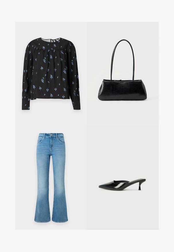 Blouse noire à manches longues avec motif floral bleu, col rond, détails froncés et fermeture à bouton au dos. Texture douce.; Jean flare en denim bleu clair avec poches avant, passants de ceinture et fermeture à bouton sur un fond blanc.; Mules en cuir verni noir avec un bout pointu, un petit talon et des côtés courbés, présentant une finition brillante et un design minimaliste.; Sac à épaule rectangulaire noir avec de longues bretelles fines et une texture lisse et brillante sur un fond uni.