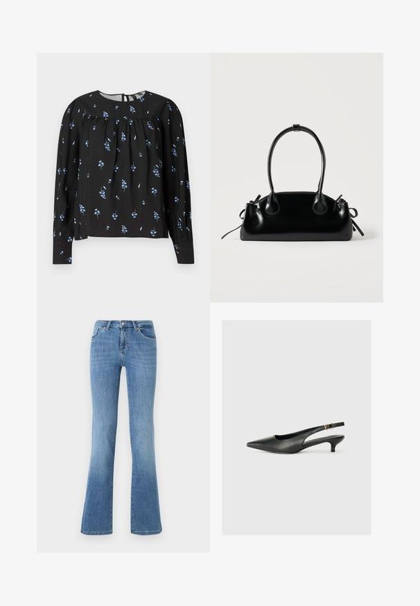Blouse noire à manches longues avec motif floral bleu, col rond, détails froncés et fermeture à bouton au dos. Texture douce.; Jeans évasés bleu clair en denim, avec cinq poches, fermeture éclair à l'avant et bouton. Motif délavé sur les cuisses et l'ourlet.; Chaussure slingback noire à bout pointu en cuir lisse. Présente un talon fin et un détail de boucle sur la sangle réglable.; Petit sac à main noir brillant avec deux longues anses et des détails à cordon sur les côtés sur un fond clair uni.