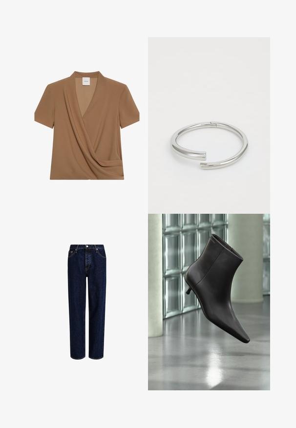 Haut marron à manches courtes avec un design croisé en V drapé et une étiquette Calvin Klein à l'intérieur du col.; Jeans en denim bleu foncé avec une coupe droite, dotés d'une taille haute, d'un style à cinq poches et de coutures contrastantes. Sans embellissements.; Bottine en cuir noir avec bout pointu et petit talon, présentée devant un mur en blocs de verre et un sol poli.; Calvin Klein SPIRAL - Bracelet - silver-coloured