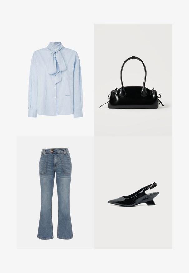 Lyseblå stribet bluse med en sløjfekrave, lange ærmer, knaplukning og et diskret logo i nederste højre hjørne.; Blå denimjeans med høj talje, forlommer med lap, knap- og lynlås-lukning og en let udvidet ben-silhuet.; Sort laklæder slingback sko med spids tå og lav vinklet blokhæl på ensartet lys baggrund.; Lille sort blank håndtaske med to lange håndtag og snøre-detaljer i siden på en ensfarvet lys baggrund.