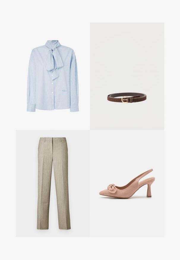 Lyseblå stribet bluse med en sløjfekrave, lange ærmer, knaplukning og et diskret logo i nederste højre hjørne.; Beige bukser med nålestriber og et lige ben-design, der har en struktureret linning og en subtil tekstur i hele stoffet.; Lyserød ruskinds slingback pumpe med spids tå, knude-detalje ved vamps og en mellemhøj blokhæl. Glat tekstur og elegant design.; Brunt ruskindsbælte med en glat overflade, med en guldfarvet rund spænde og et enkelt design.