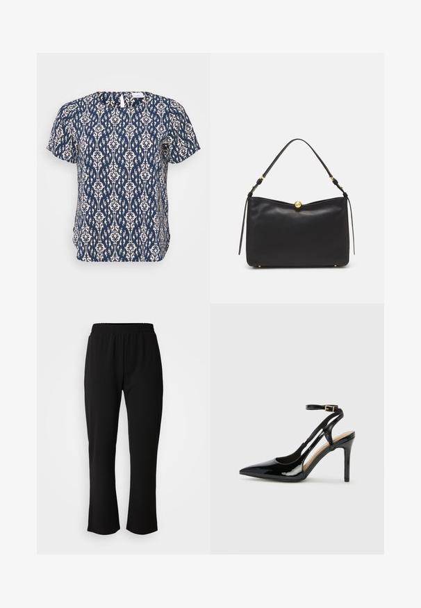 ONLY Carmakoma CARVICA LIFE - Blouse - total eclipse; ONLY Carmakoma CARLAMA STRAIGHT - Pantalon classique - black; Escarpin en cuir verni noir à talon haut, avec un bout pointu, une bride réglable à la cheville et des côtés ouverts. Texture lisse.; Sac à main en cuir noir avec une texture lisse, une forme structurée et un fermoir sphérique doré. Doté d'une seule anse supérieure et d'accents.