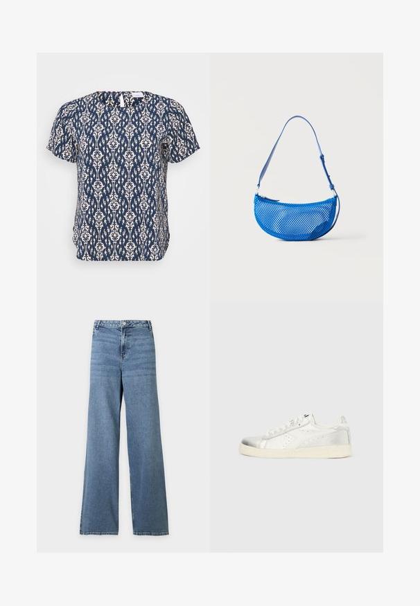 ONLY Carmakoma CARVICA LIFE - Blouse - total eclipse; Jean bleu taille haute à jambes larges avec fermeture avant par bouton et fermeture éclair, et design classique à cinq poches sur fond uni.; Baskets basses argent métallisé avec lacets blancs, motif perforé sur le côté et semelle en caoutchouc ivoire sur fond uni.; Sac à bandoulière bleu en mesh avec sangle réglable et fermeture éclair, présenté sur un fond blanc uni.