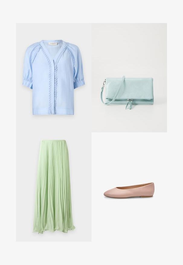 Blusa de color azul claro, de manga corta y con escote en V, con un ribete decorativo en los bordes de la abertura frontal y puños de manga fruncidos.; Falda larga plisada verde claro con tela fluida y cinturilla elástica, exhibida contra un fondo blanco.; Bailarina de cuero rosa con punta fina, textura suave, detalles mínimos y suela sólida de color marrón claro. Diseño sencillo, sin adornos.; Cartera de imitación de cuero azul claro, texturizada, con cierre de cremallera, correa desmontable y dos tiradores decorativos en la parte frontal.