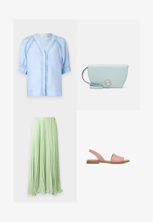 Lichtblauw, kortemouwen blouse met V-hals, voorzien van decoratieve lussen langs de voorkant en geraffineerde mouwmanchetten.; Lichtgroene geplooide lange rok van lichte stof met elastische tailleband, weergegeven tegen een witte achtergrond.; Platte roze lederen sandaal met open teen, slingback bandje en beige zool, ontworpen voor casual gebruik en comfort.; Lichtblauwe leren handtas in een halve maancyclus, met een decoratieve ronde gouden knop en een dunne schouderband. Gladde textuur, minimalistisch ontwerp.