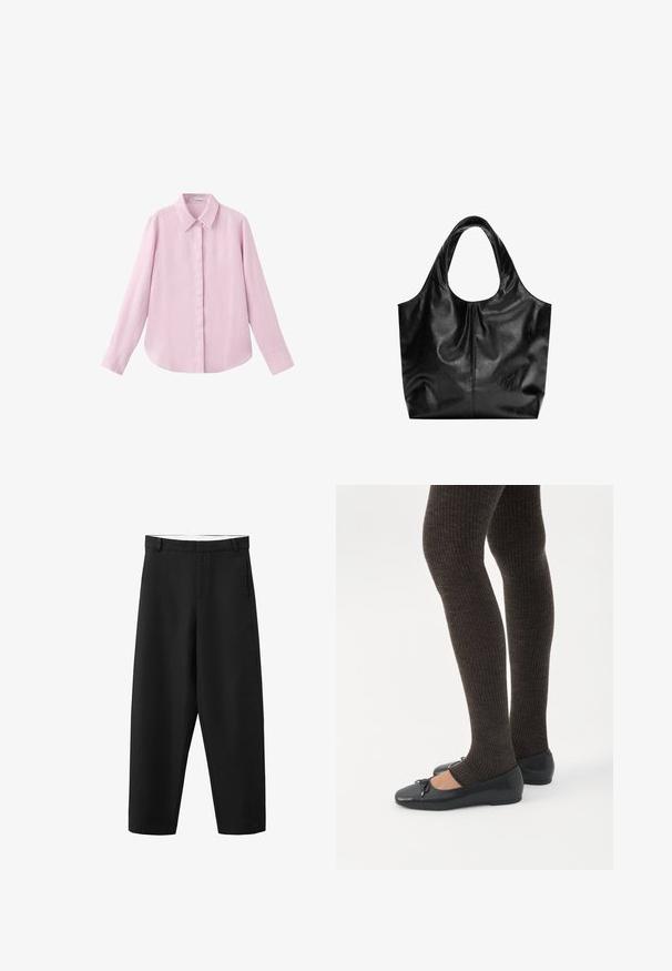Chemise à manches longues boutonnée, de couleur rose clair, avec un col classique et des boutons avant cachés, présentée à plat sur un fond blanc.; Pantalon noir à jambes droites avec passants pour ceinture, fermeture éclair à l'avant, et un design épuré et simple, adapté pour une tenue formelle ou décontractée.; Jambes portant des leggings côtelés foncés associés à des ballerines noires avec de petits détails en nœud sur fond blanc.; Sac fourre-tout en cuir noir avec une texture lisse, un haut arrondi doux et de larges poignées. Présente une couture minimale et une silhouette décontractée.