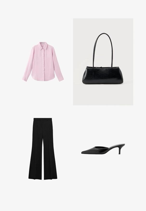 Chemise à manches longues boutonnée, de couleur rose clair, avec un col classique et des boutons avant cachés, présentée à plat sur un fond blanc.; Pantalon noir taille haute avec jambes évasées larges, passants de ceinture et pli avant, sur fond blanc.; Mule en cuir noir à bout pointu, avec un petit talon fin et un design sans contrefort pour enfiler facilement.; Sac à épaule rectangulaire noir avec de longues bretelles fines et une texture lisse et brillante sur un fond uni.