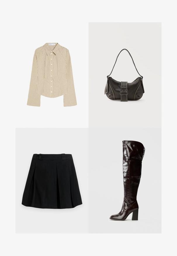 Chemise beige à manches longues avec boutons, motif à carreaux noirs, col pointu et coupe ajustée.; Jupe plissée noire avec ceinture et détail bouton, longueur genou, en tissu lisse, présentée sur un fond clair uni.; Bottes en cuir bordeaux glacé montant jusqu'au genou, avec un bout carré et un talon bloc, présentant un design ample et des détails de couture minimalistes.; Sac à épaule en cuir noir avec une sangle à boucle, des bords arrondis et des coutures blanches contrastées sur un fond uni.