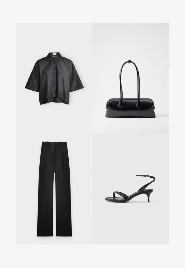 Chemise gris foncé à manches courtes, boutonnée, avec des manches larges et un col pointu, affichée à plat sur un fond clair.; Pantalon noir taille haute, ajusté, avec passants de ceinture, plis à l'avant et jambes droites larges sur fond blanc.; Sandale pour femme en cuir noir avec fines lanières, une boucle d'orteil, une boucle à la cheville et un talon aiguille de hauteur moyenne sur un fond neutre.; Osoi BOAT WIDE - Sac à main - black
