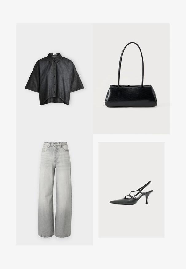 Chemise gris foncé à manches courtes, boutonnée, avec des manches larges et un col pointu, affichée à plat sur un fond clair.; Jean taille haute à jambes larges en denim gris clair avec poches avant et arrière, passants pour ceinture et fermeture par bouton.; Chaussure à talon haut en cuir noir avec bride arrière, bout pointu et fines brides croisées maintenues par une petite boucle argentée.; Sac à épaule rectangulaire noir avec de longues bretelles fines et une texture lisse et brillante sur un fond uni.