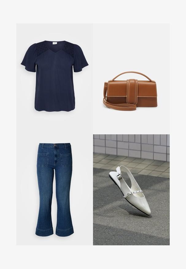 Marineblaue kurzärmlige Bluse mit V-Ausschnitt, die strukturierte Stoffpanels an den Schultern und einen glatten, fließenden Körper aufweist.; Blaue Jeans aus Denim mit weitem Bein, vorderen aufgesetzten Taschen, Gürtelschlaufen und einem Knopfverschluss an der Taille.; Weißer spitzer Slingback-Slipper mit zwei silbernen Schnallen, abgebildet im Freien auf strukturiertem Boden und gefliester Wand im Hintergrund.; Braune rechteckige Ledertasche mit Tragegriff oben, Vorderklappe, breitem Mittelriemen, weißen Nähten und abnehmbarem Schulterriemen vor weißem Hintergrund.