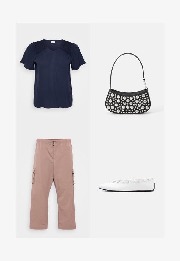 Marineblaue kurzärmlige Bluse mit V-Ausschnitt, die strukturierte Stoffpanels an den Schultern und einen glatten, fließenden Körper aufweist.; Helle rosa Cargo-Hosen mit elastischem Bund, schwarzem Kordelzug und Seitentaschen. Hergestellt aus einem weichen, strukturierten Stoff in lockerer Passform.; Weißer Ballerina-Slipper aus Leder mit Schnürdetail und Metallösen, seitlich auf einfachem hellem Hintergrund gezeigt.; Schwarze Lederhandtasche mit geschwungener Form, verziert mit silbernen Nieten in verschiedenen Größen und einem kurzen Tragegurt. "HUGO"-Logo auf der Vorderseite aufgedruckt.