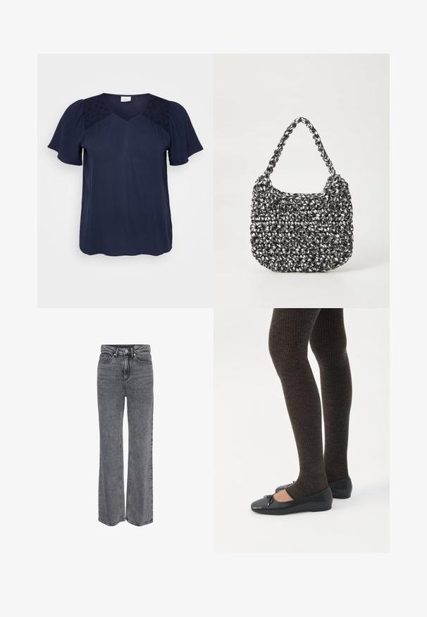 Mørkeblå kortærmet bluse med V-udskæring, der har teksturerede stofpaneler på skuldrene og en glat, strømmende krop.; Grå denimjeans i høj talje og med lige ben, med frontknap, lynlåslukning og klassisk design med fem lommer.; Ben iført mørke ribbede leggings kombineret med sorte balletsko med små sløjfedetaljer på hvid baggrund.; Vævet håndtaske i sort og hvid med en rund form, tekstureret overflade og et fletet håndtag. Velegnet til afslappet brug.